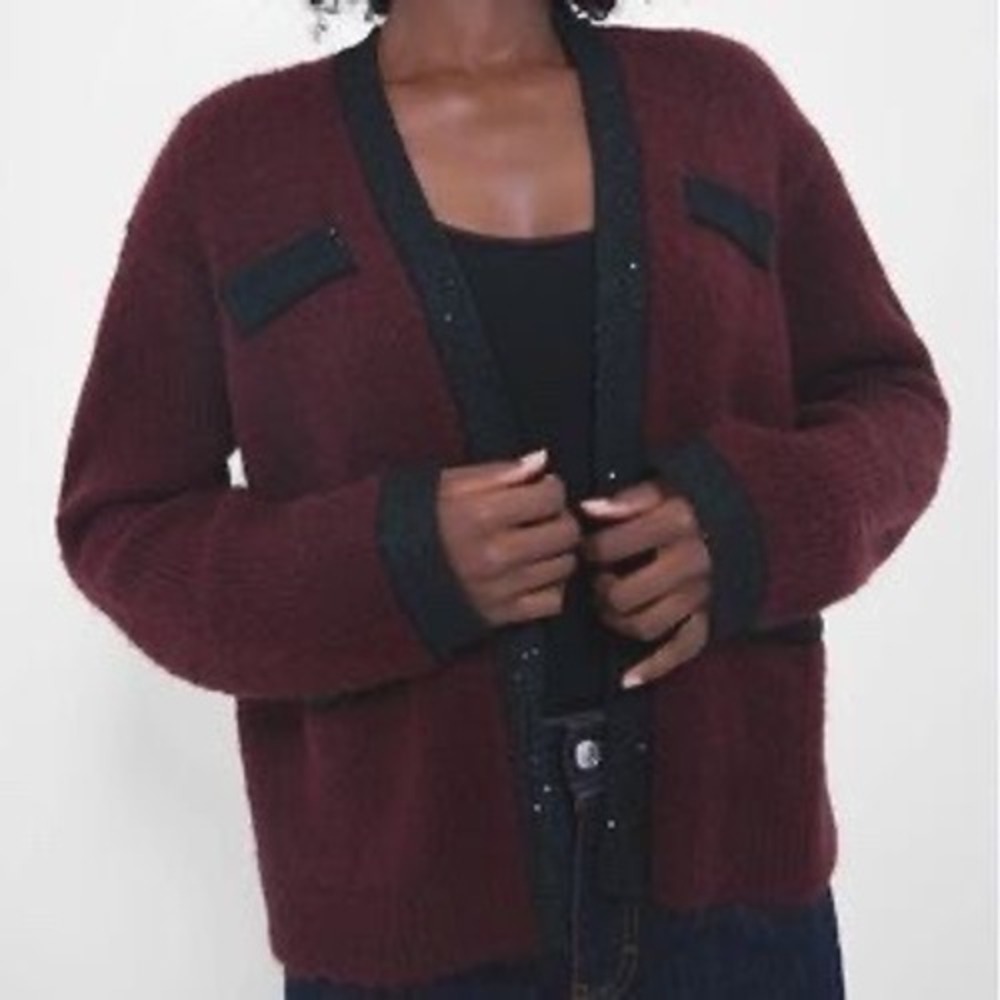 Tuckernuck Womens L Fallon Cardigan Oxblood‎ Boucle Wool Blend Open Front NWT